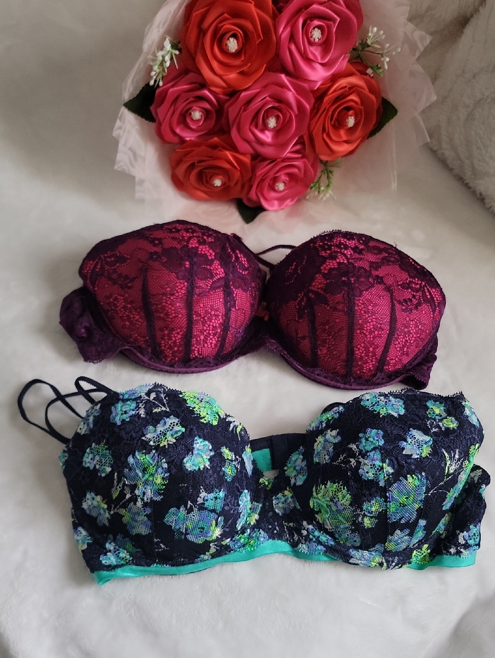 Candie's Lace Strapless Bra Duo - Magenta and Navy Floral